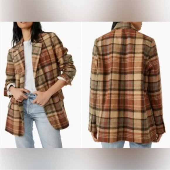 Free People Mari Brown Plaid Blazer Wool Oversized Boxy We the Free Jacket XS - Picture 4 of 12